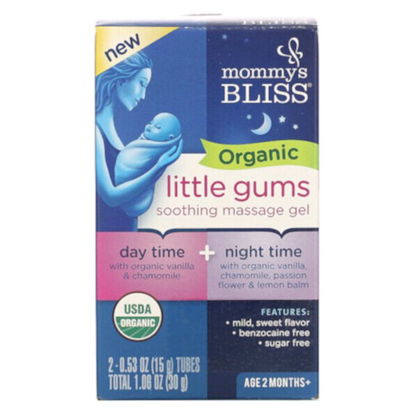 Organic Little Gums, Успокаивающий массажный гель, дневной/ночной набор, от 2 месяцев, 2 тюбика, 0,53 унции (15 г) каждый Mommy's Bliss