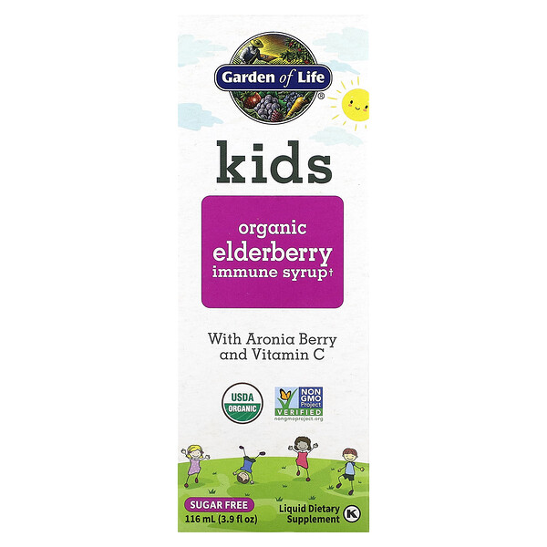 Kids, Органический сироп из бузины для иммунитета с ягодами аронии и витамином С, 3,9 жидких унции (116 мл) Garden of Life