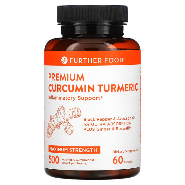 Куркумин премиум-класса с куркумой, максимальная сила, 500 мг, 60 капсул Further Food