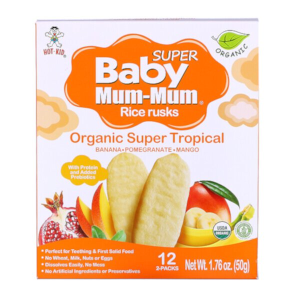Baby Mum-Mum, Рисовые сухарики, органические супертропические, 12 упаковок по 2 штуки по 1,76 унции (50 г) каждая Hot Kid