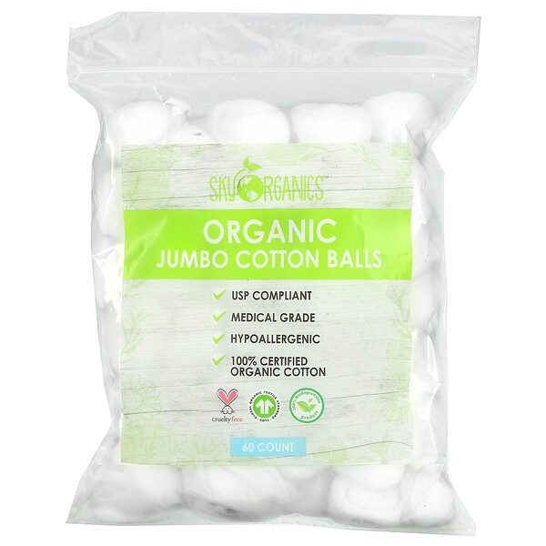 Органические ватные шарики Jumbo, 60 шт. Sky Organics