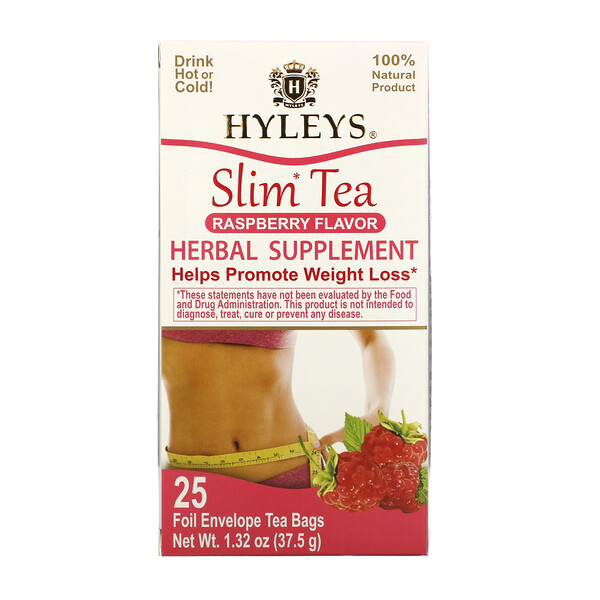 Slim Tea, со вкусом малины, 25 чайных пакетиков в фольгированных конвертах, 1,32 унции (37,5 г) Hyleys Tea
