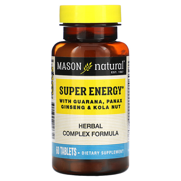 Super Energy с гуараной, женьшенем и орехом кола, 60 таблеток Mason Natural