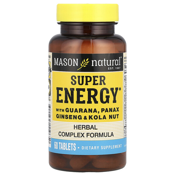 Super Energy with Guarana, Panax Ginseng & Kola Nut, 60 Tablets (Таблетки) Mason Natural