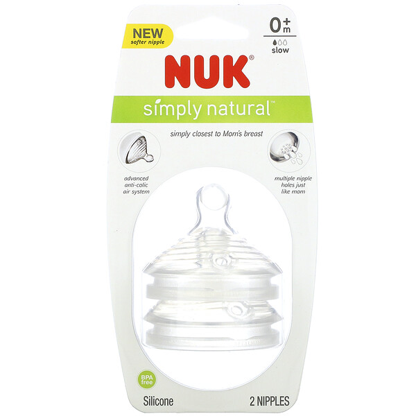 Simply Natural, Соски для бутылочек с медленным потоком, от 0 месяцев, 2 соски NUK