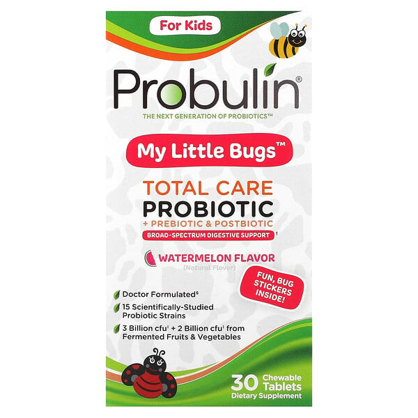 For Kids, My Little Bugs, пробиотик Total Care + пребиотик и постбиотик, арбуз, 30 жевательных таблеток Probulin
