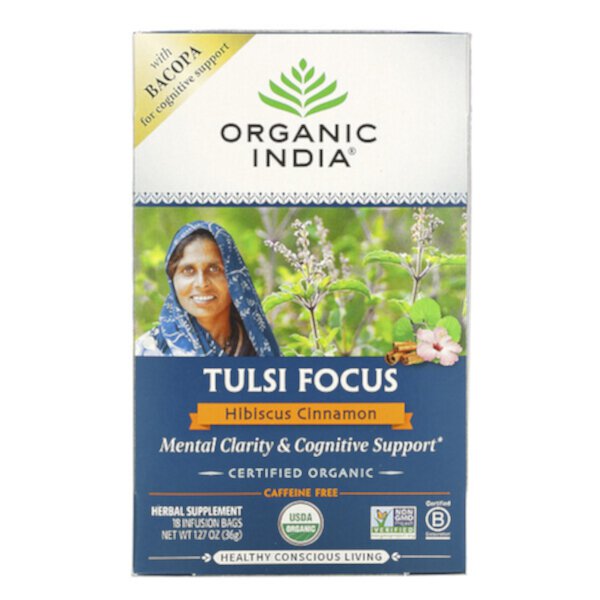 Tulsi Focus с бакопой, гибискусом и корицей, без кофеина, 18 пакетиков для инфузий, 1,27 унции (36 г) Organic India