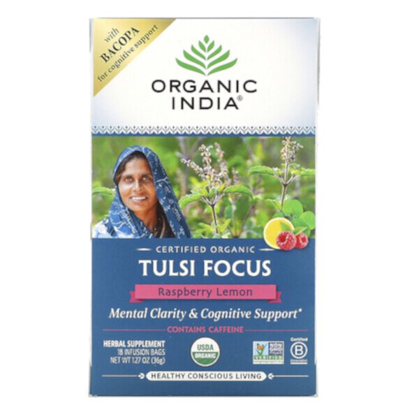 Tulsi Tea, Focus, малиновый лимон, 18 пакетиков для заваривания, 1,27 унции (36 г) Organic India