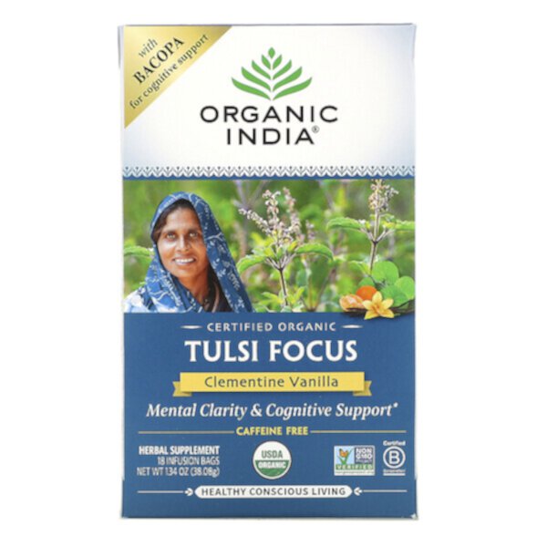 Tulsi Tea, Focus, Clementine Vanilla, без кофеина, 18 пакетиков для заваривания, 1,34 унции (38,08 г) Organic India