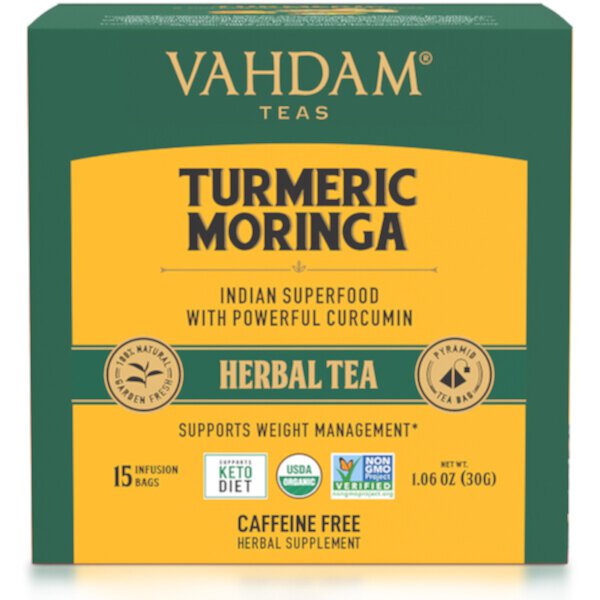 Herbal Tea, Moringa с куркумой, без кофеина, 15 пакетиков для заваривания, 1,06 унции (30 г) Vahdam Teas
