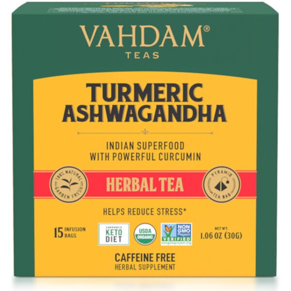Травяной чай, Ашваганда с куркумой, без кофеина, 15 пакетиков для заваривания, 1,06 унции (30 г) Vahdam Teas
