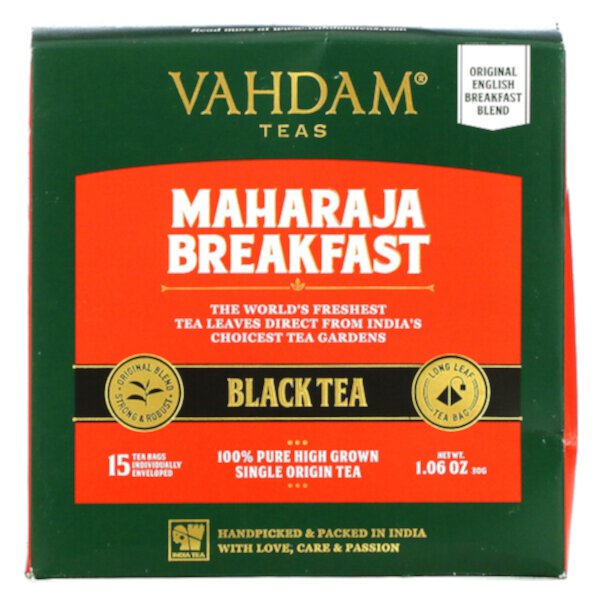 Черный чай Maharaja Breakfast, 15 чайных пакетиков, 1,06 унции (30 г) Vahdam Teas