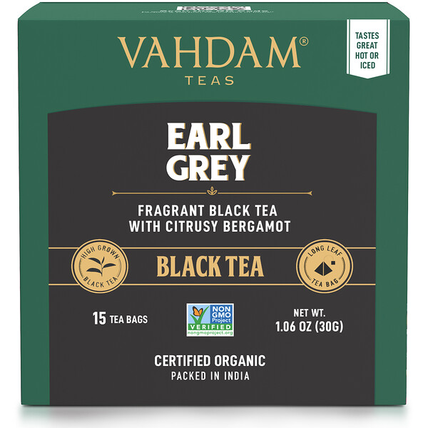 Черный чай, Earl Grey с цитрусовым бергамотом, 15 чайных пакетиков, 1,06 унции (30 г) Vahdam Teas