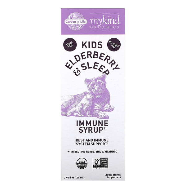 Mykind Organics, Kids Elderberry & Sleep, сироп для иммунитета с травами перед сном, цинком и витамином C, 3,92 жидких унции (116 мл) Garden of Life