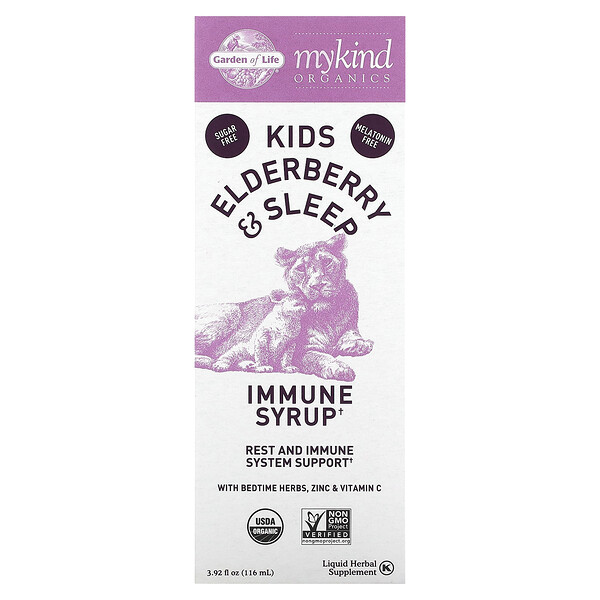 Mykind Organics, Kids Elderberry & Sleep, сироп для иммунитета с травами перед сном, цинком и витамином C, 3,92 жидких унции (116 мл) Garden of Life