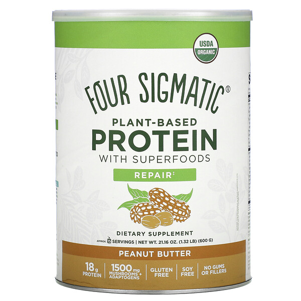 Растительный белок с суперпродуктами, арахисовое масло, 1,32 фунта (600 г) Four Sigmatic
