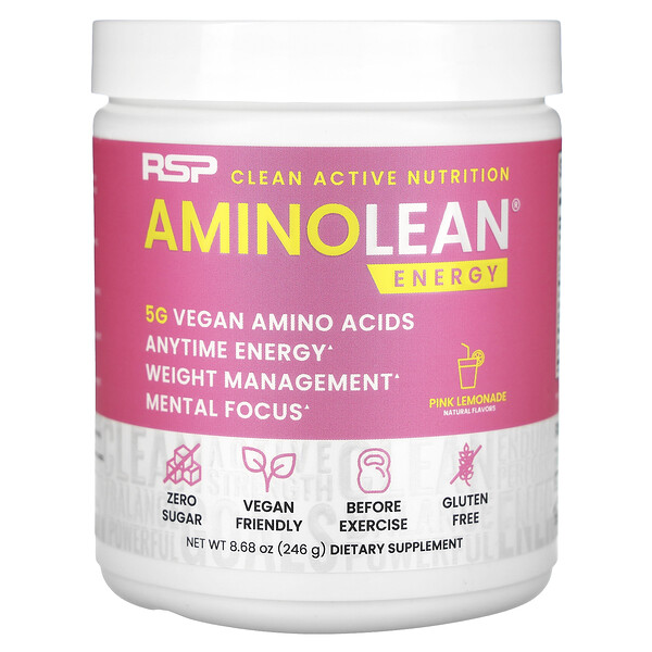 AminoLean, Незаменимые аминокислоты + энергия в любое время, розовый лимонад, 9,52 унции (270 г) RSP Nutrition
