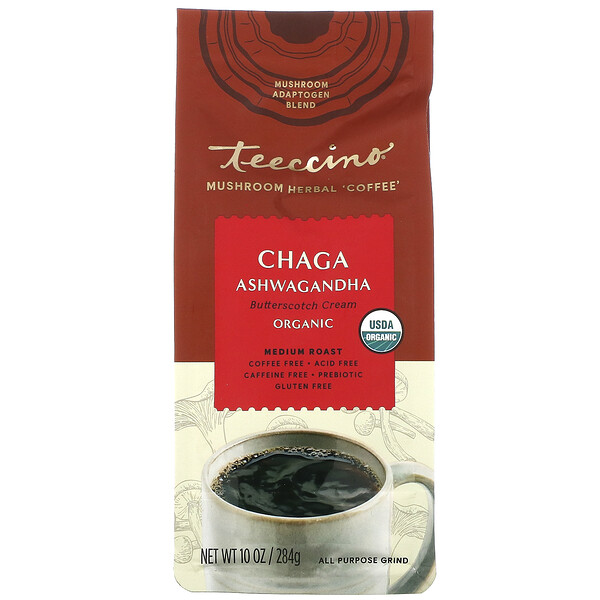 Mushroom Herbal Coffee, Medium Roast, Chaga Ashwagandha, без кофеина, 10 унций (284 г) Teeccino