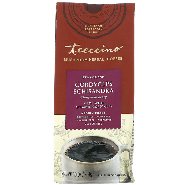 Mushroom Herbal Coffee, Cordyceps Schisandra, Cinnamon Berry, средней обжарки, без кофеина, 10 унций (284 г) Teeccino