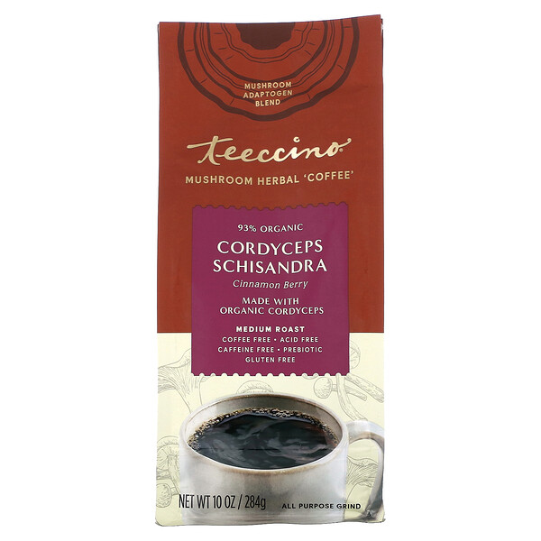 Mushroom Herbal Coffee, Cordyceps Schisandra, Cinnamon Berry, средней обжарки, без кофеина, 10 унций (284 г) Teeccino