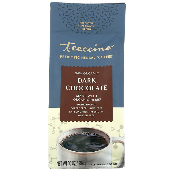 Prebiotic Herbal Coffee, Темный шоколад, темная обжарка, без кофеина, 10 унций (284 г) Teeccino
