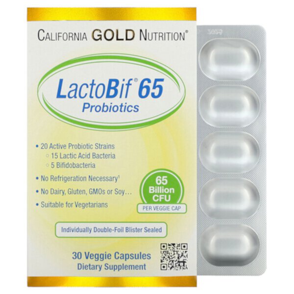 LactoBif 65 Пробиотики - 65 миллиардов КОЕ - 30 растительных капсул - California Gold Nutrition California Gold Nutrition