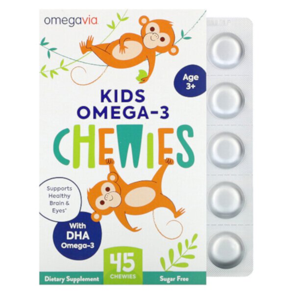 Жевательные конфеты Kids Omega-3, для детей от 3 лет, натуральные фрукты, 45 жевательных конфет OmegaVia