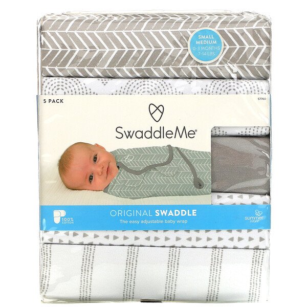 SwaddleMe, Оригинальные пеленки, маленькие/средние, для детей 0–3 месяцев, серые, 5 шт. в упаковке Summer Infant
