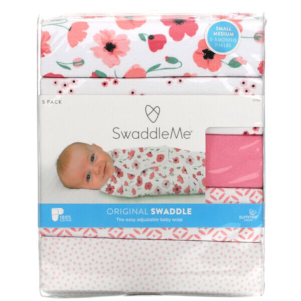 SwaddleMe, Оригинальные пеленки, маленькие/средние, для детей от 0 до 3 месяцев, цветочные, 5 шт. в упаковке Summer Infant