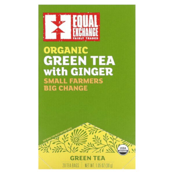 Органический зеленый чай с имбирем, 20 чайных пакетиков, 1,05 унции (30 г) Equal Exchange