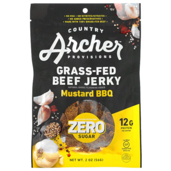 Grass-Fed Beef Jerky, Zero Sugar, Горчичное барбекю, 2 унции (56 г) Country Archer Jerky
