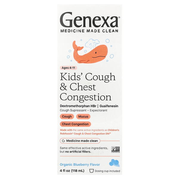 Детский кашель и заложенность грудной клетки, возраст 4–11 лет, органическая черника, 4 жидких унции (118 мл) Genexa