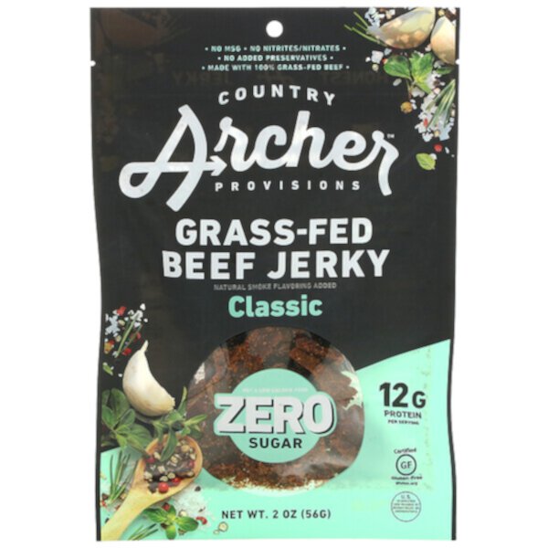 Grass-Fed Beef Jerky, Zero Sugar, Classic, 2 унции (56 г) Country Archer Jerky