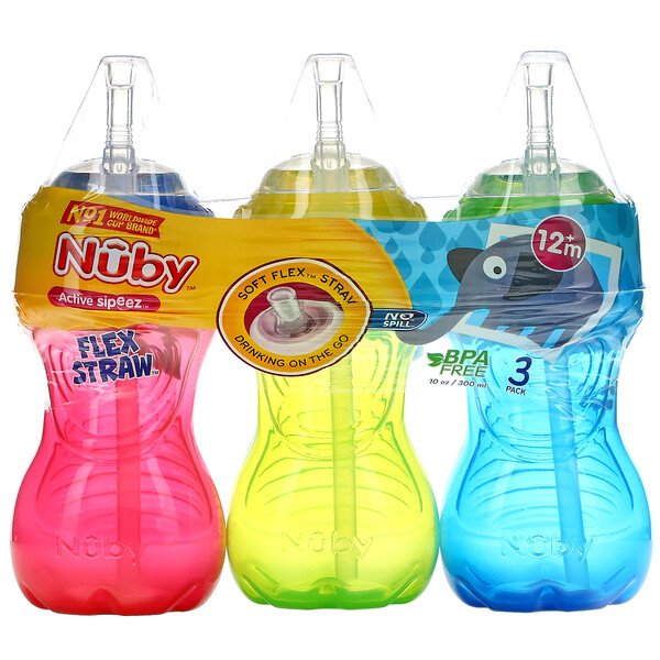 Чашки FlexStraw, не проливающиеся, от 12 месяцев, для мальчиков, 3 упаковки, по 10 унций (300 мл) каждая NUBY
