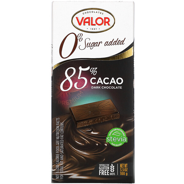 Темный шоколад, 0 % добавления сахара, 85 % какао, 3,5 унции (100 г) Valor