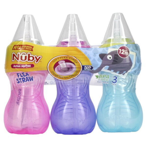 Непроливаемые чашки FlexStraw, от 12 месяцев, для девочек, 3 упаковки, по 10 унций (300 мл) каждая NUBY