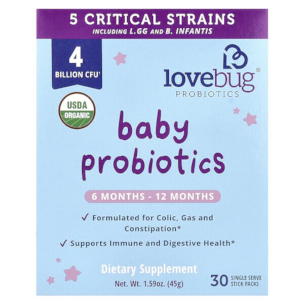 Пробиотики для детей, 6–12 месяцев, 4 миллиарда КОЕ, 30 пакетиков на одну порцию LoveBug Probiotics