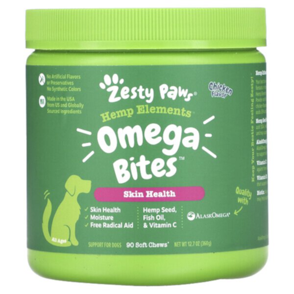 Hemp Elements, Omega Bites для собак, для всех возрастов, курица, 90 мягких жевательных таблеток Zesty Paws