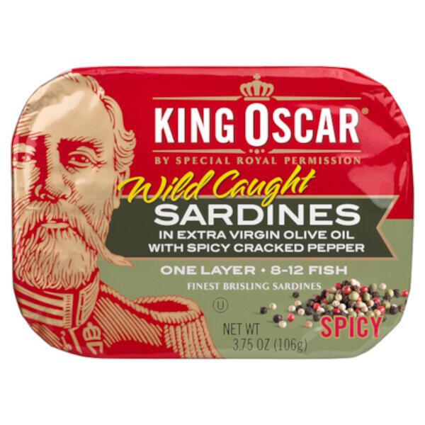 Wild Caught, Сардины в оливковом масле первого отжима, с острым молотым перцем, один слой, 3,75 унции (106 г) King Oscar