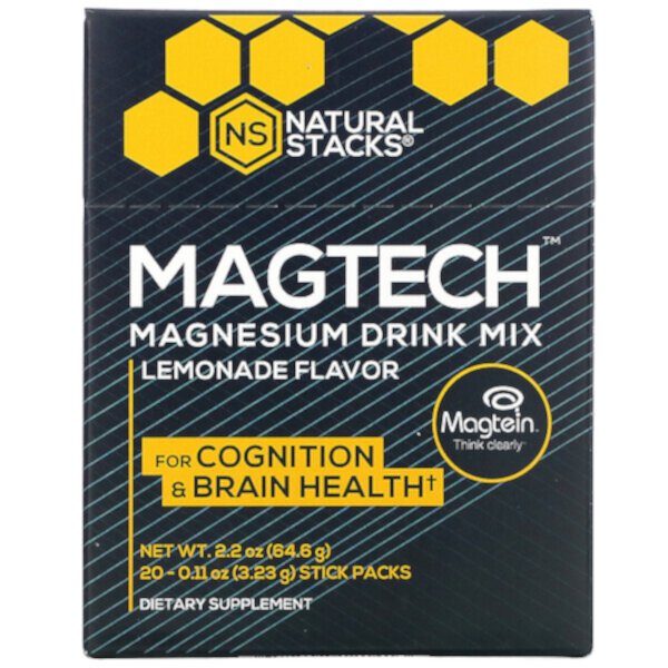 MagTech, Смесь магниевых напитков, лимонад, 20 стиков по 0,11 унции (3,23 г) каждая Natural Stacks