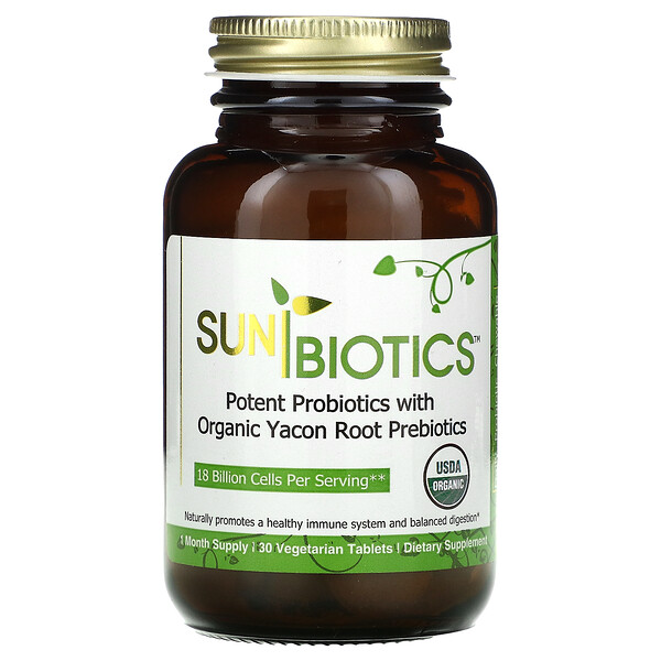 Мощные пробиотики с органическими пребиотиками из корня якона, 30 вегетарианских таблеток Sunbiotics