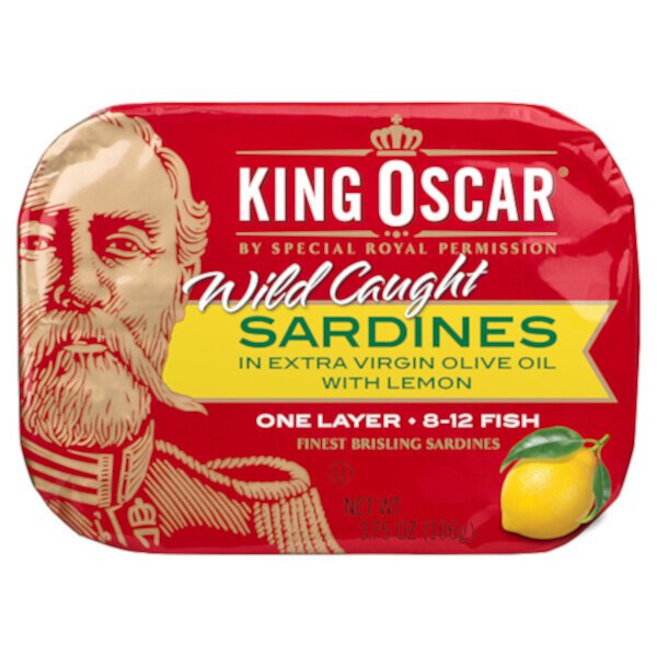 Wild Caught, Сардины в оливковом масле первого отжима, с лимоном, 3,75 унции (106 г) King Oscar