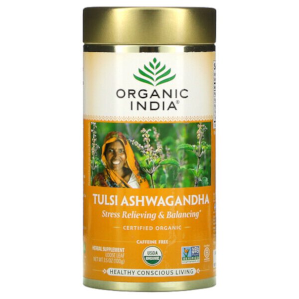 Tulsi Ashwagandha, Снятие стресса и балансировка, вкладыш, без кофеина, 3,5 унции (100 г) Organic India