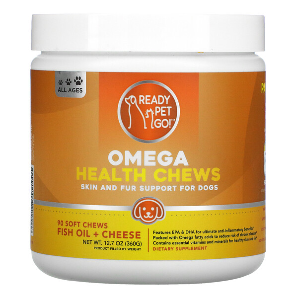 Omega Health Chews, Поддержка кожи и шерсти для собак, для всех возрастов, рыбий жир + сыр, 90 мягких жевательных таблеток, 12,7 унций (360 г) Ready Pet Go