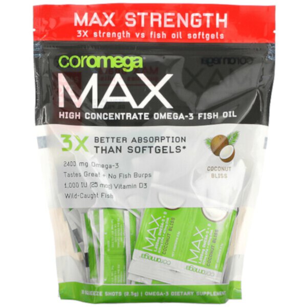 Max High Concentrate Omega-3 Fish Oil, Coconut Bliss, 90 дозированных порций по 2,5 г каждая Coromega
