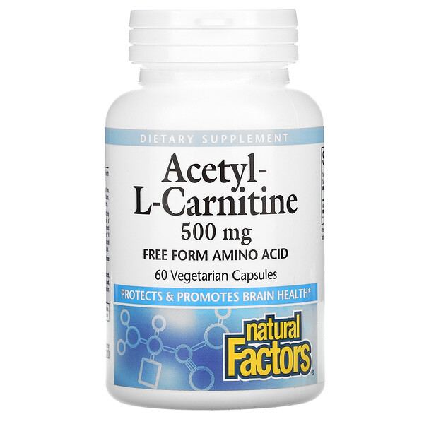 Ацетил-L-карнитин, 500 мг, 60 вегетарианских капсул Natural Factors