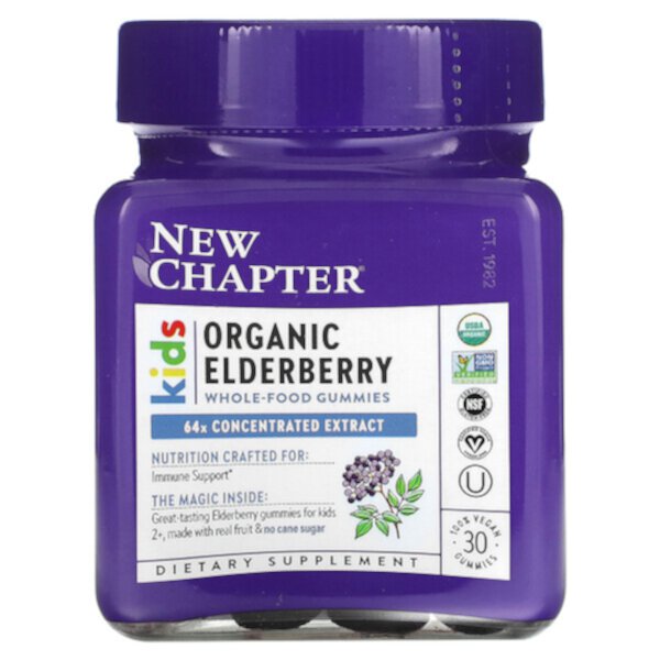 Kids Organic Elderberry Whole-Food Gummies (Жевательные конфеты), Ages 2+, 30 Vegan Gummies New Chapter