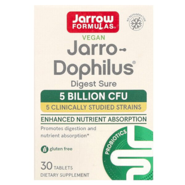 Vegan Jarro-Dophilus, Digest Sure, 5 миллиардов КОЕ, 30 таблеток Jarrow Formulas