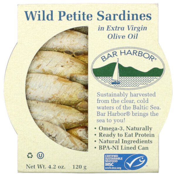 Wild Petite Sardines в оливковом масле Extra Virgin, 4,2 унции (120 г) Bar Harbor