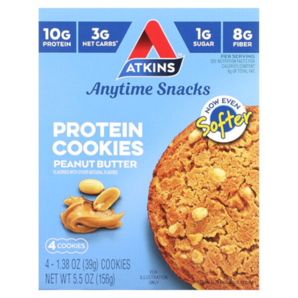 Anytime Snacks, Протеиновое печенье, арахисовое масло, 4 печенья, 1,38 унции (39 г) каждое Atkins